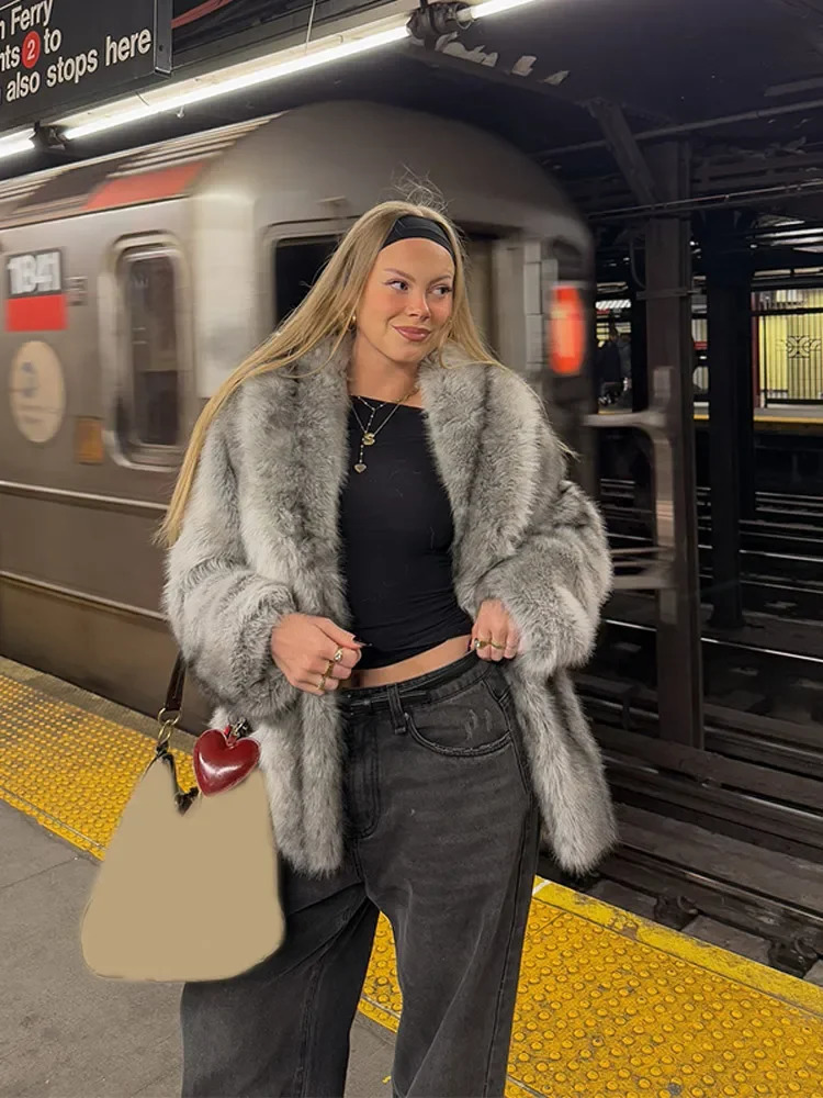 Elegant Printed Faux Fur Coats For Women Chic V Neck Long Sleeve Winter Jackets Ladies Warm Fashion Outerwears 251029