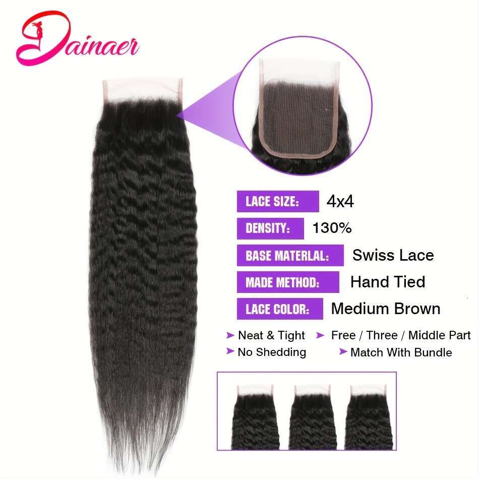 3 Bundles Brazilian Yaki Straight Human Hair Extensions With 4X4 Free Part Closure - Natural Look, Lightweight & Durable For Women Of All Ethnicities