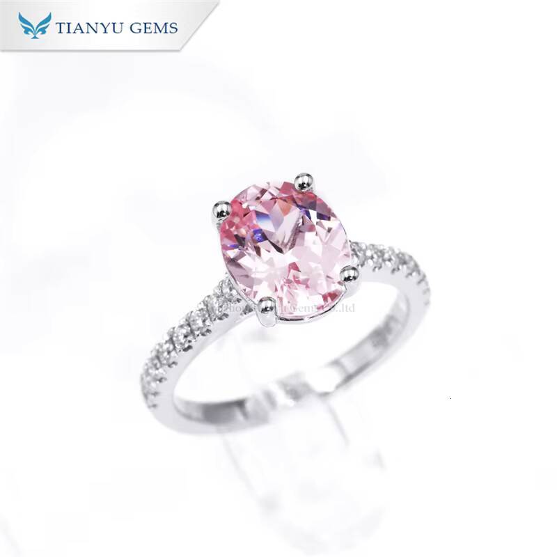 Tianyu Gems 8X10mm Oval pink Lab Sapphire Ring Moissanite DEF Diamonds 14k White Gold Wedding Engagement Rings Jewelry for Women