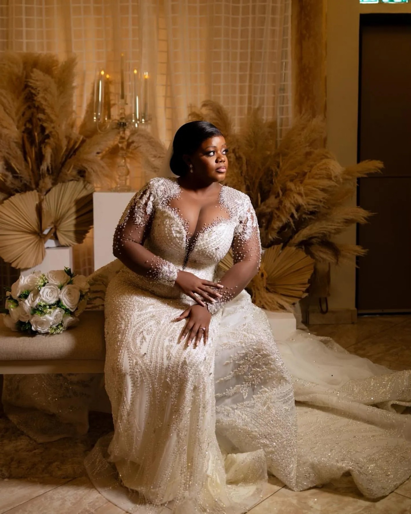 Ivory Mermaid Wedding Dresses Plus Size acefull Beaded Crystals Full Sleeves Detachable Train Bridal Gowns Dress