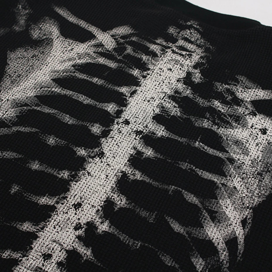 Skeleton Graphic Tshirts Men Streetwear Harajuku Hip Hop Oversized T Shirts Long Sleeve Tee Tops Black Beige 251028