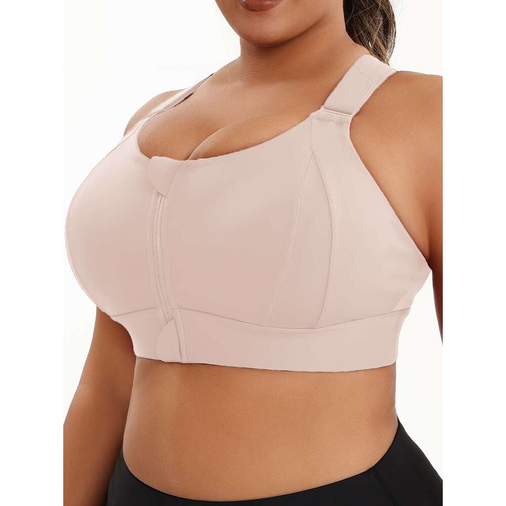 Plus Size Bra with Front Zipper, High Elasticity Solid Color Fiess Yoga Tank Top, Sports Bra, Adjustable Straps High-Quality Underwear