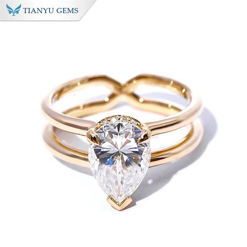Tianyu Gems Moissanite Diamond 710mm Pear Cut 2carat 14k Yellow Gold Three Prongs Ring for Women Engagement