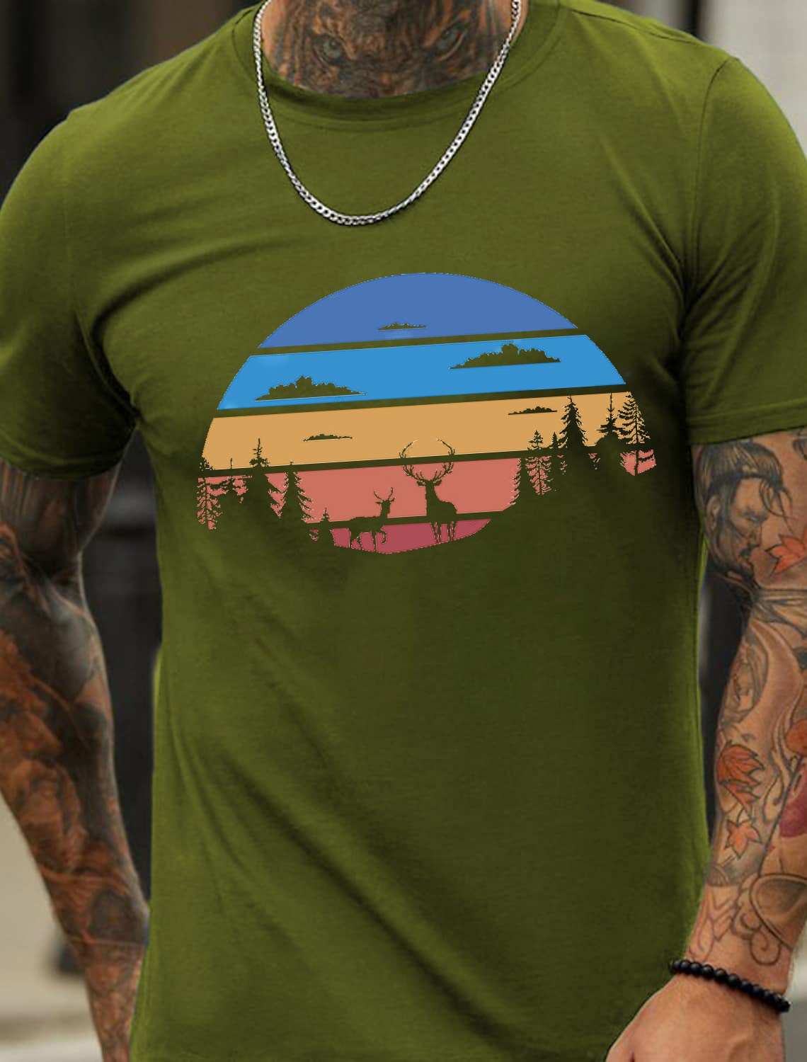 European & American Oversized Vintage Deer and Tree Print Fashionable Men's Cotton Summer T-Shirt - TT7086