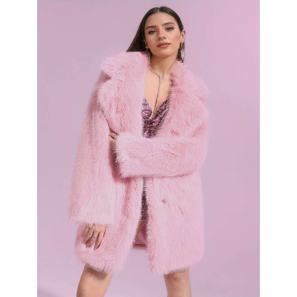 Faux Coat Women S Plus Size Faux Fur Coat Elegant Solid Color Polyester Long Sleeve Midi Coat With Lapel Collar Non Stretch Knit Fabric Fall Winter