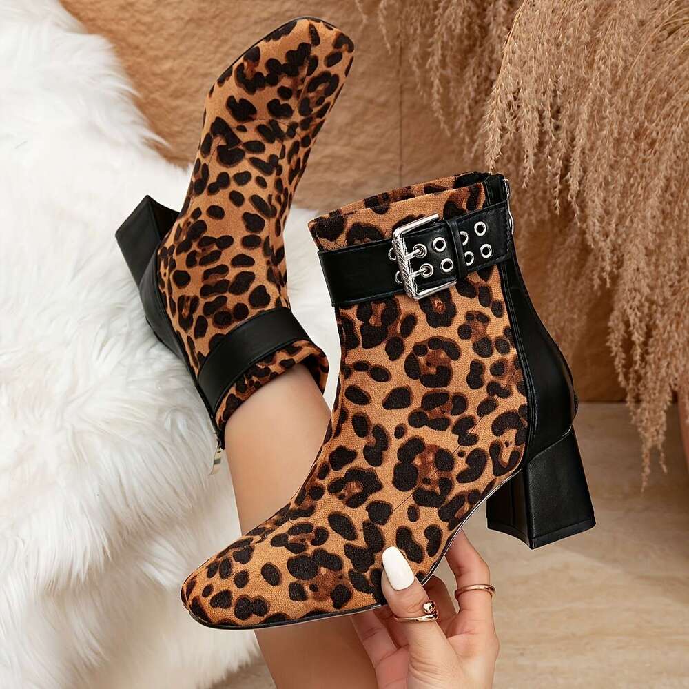 Women's Leopard Print Mid-Calf Boots With Block Heel, Square Toe Zip Closure - Dress Ocn Flannel And PU Upper, Fabric Lining, TPU Sole, High Heel
