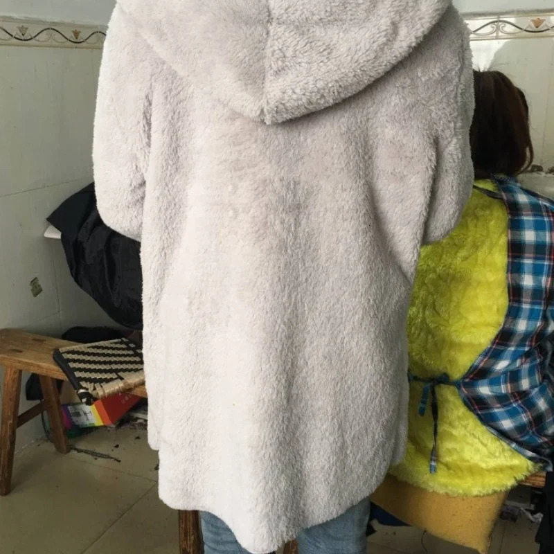Women Autumn Winter Doublefaced Fur Fleece Faux Medium Style Hooded Warm Thick Coat Casual Solid Longsleeved Overcoat 251028