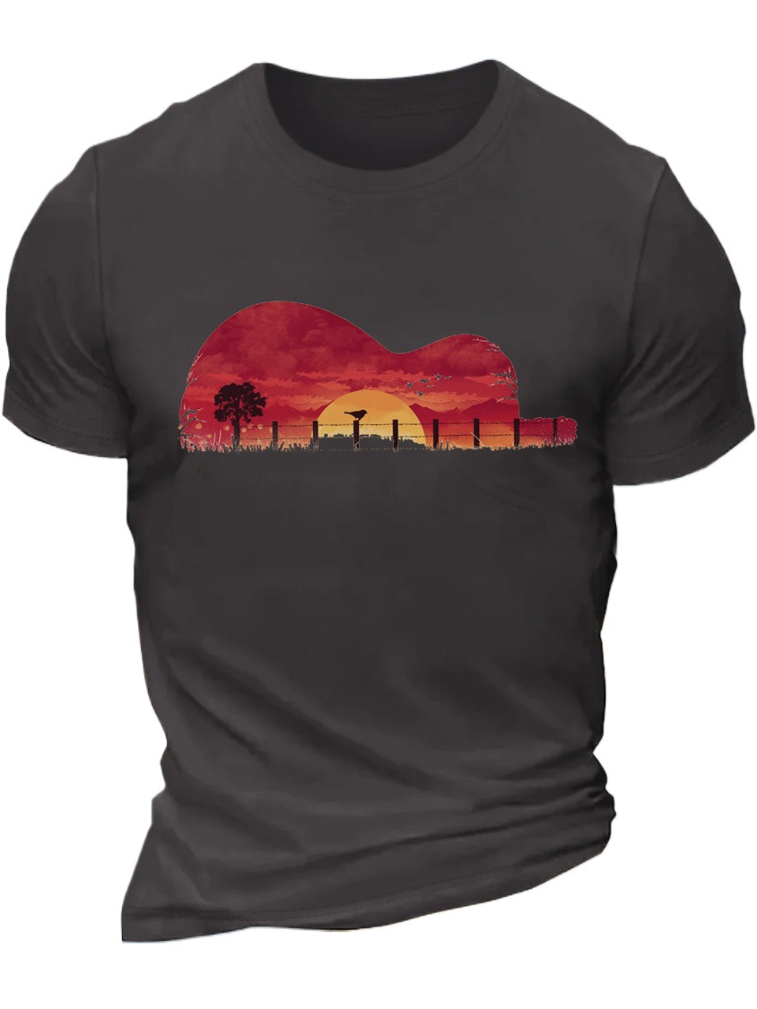 2025 New European & American Guitar Sunset Pattern Euro Size Oversized Crew Neck Printed Men's T-Shirt - TT7525