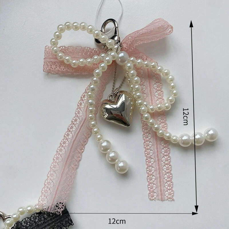 2025 New Sweet Pearl Bow Heart Lace Car Keychain Korean Y2k Beauty Girl Bag Pendant Accessory Gift Best Seller