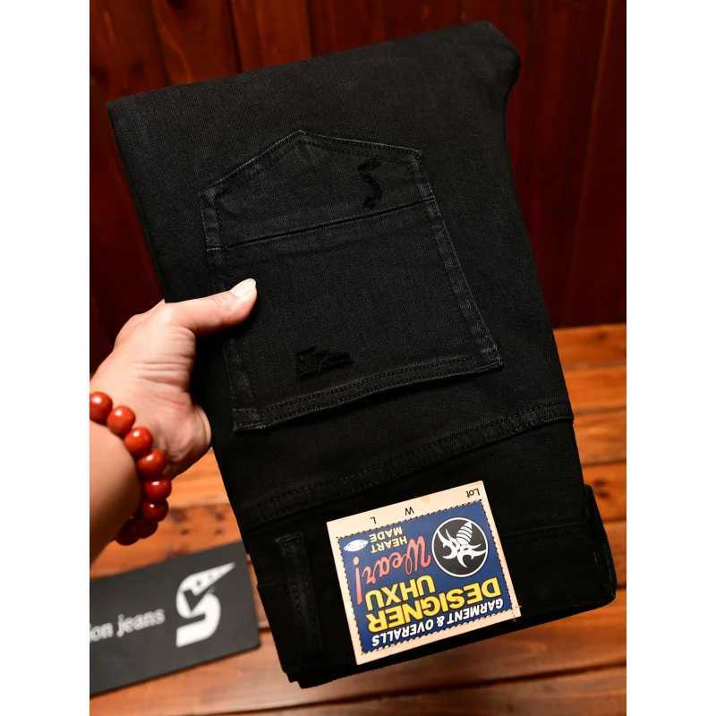 Black ripped jeans mens fashionable street trend American handsome retro nostalgic slim fit small leg denim pants J251030