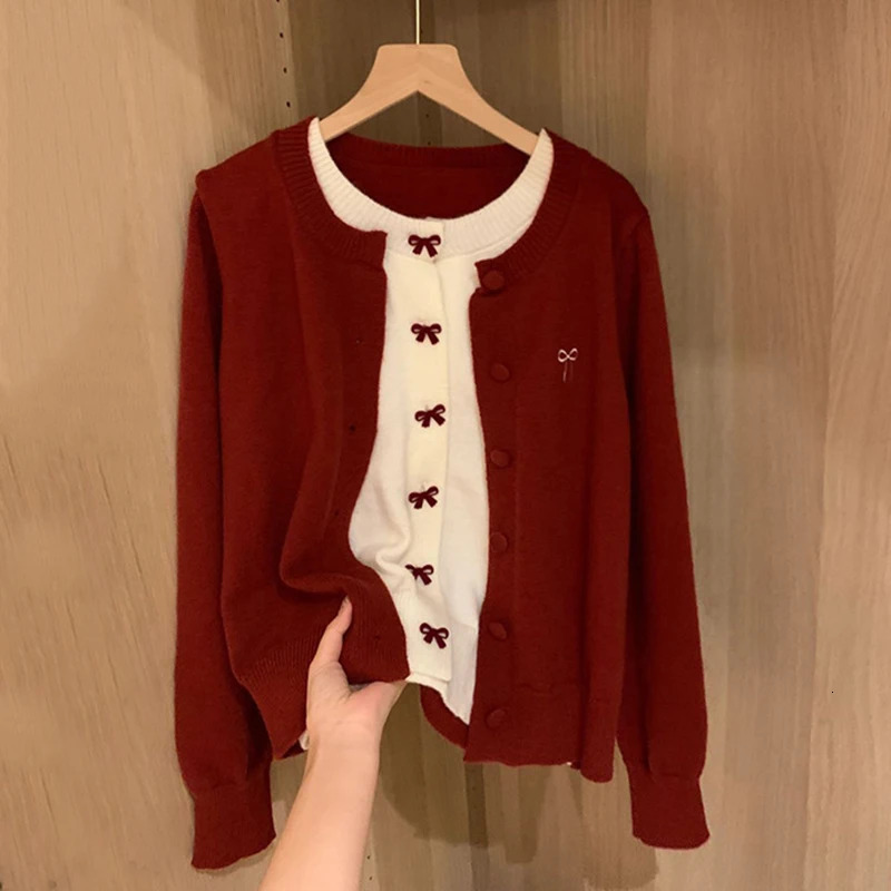 TwoPiece Bowknot Red Cardigans Women Korean Round Neck Long Sleeve Sweater Coats Woman Christmas Knitted Ladies 251028