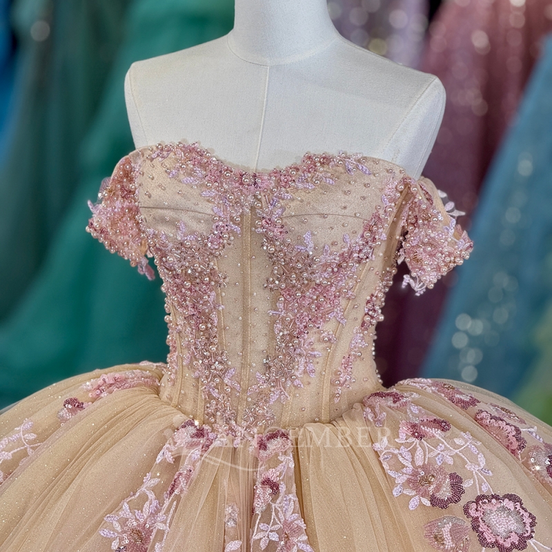 Champagne Shiny Quinceanera Dresses Off The Shoulder Sequin Applique Lace Beading Tull Party Birthday Sweet 16 Dress Vestido
