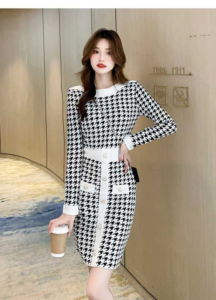 Women Houndstooth Knitted Dress Autumn Fashion Slash Neck Retro Knit Sweater Robe Work Strtwear Winter Chic Plaid Dress C251030