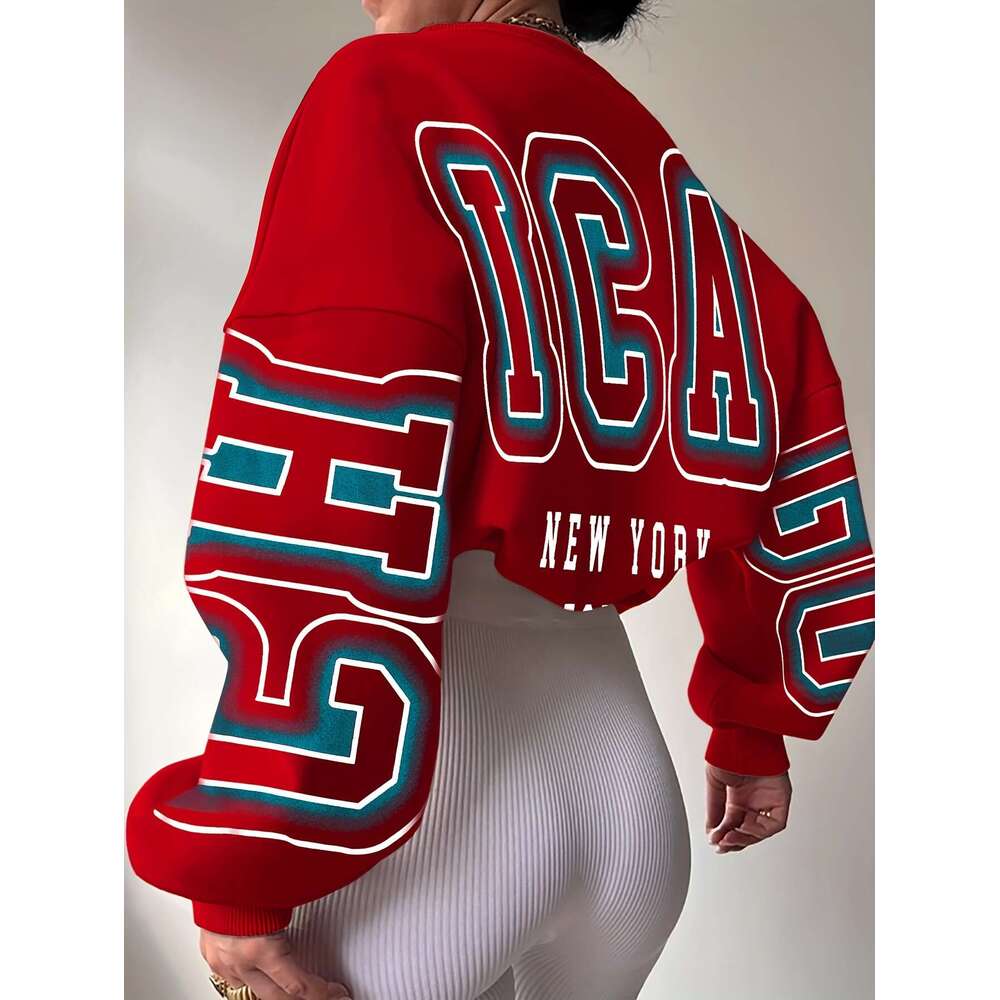 Women's Oversized Graffiti Letter Print Sweatshirt - Bold "New York" Graphic In Teal & Black, Crew Neck Casual Pullover, Hine Washable 