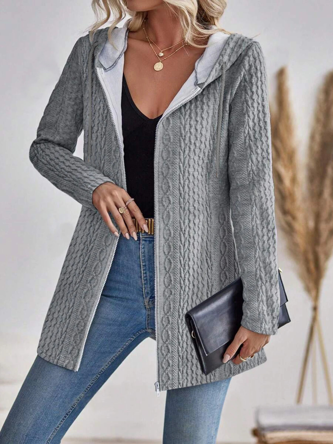 Elegant directional womens fashionable texture solid color zipper hooded sweatshirt 251030