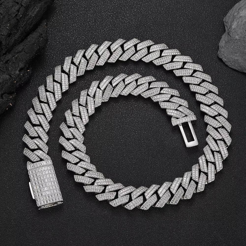 New Style 20mm Baguette Moissanite Prong Cuban Chain Necklace in White Gold Iced Out Hip Hop Jewelry Cuban Link Chain