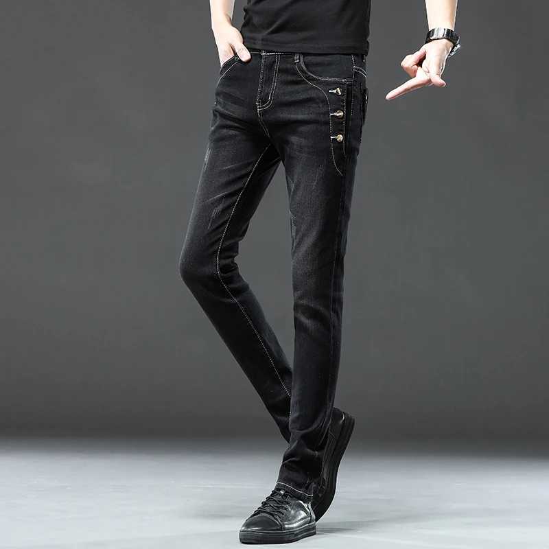 New Men Slim Korean Button Jeans Black Skinny Solid Color Stretch Multibutton Youth Male Denim Pants Streetwear J251030