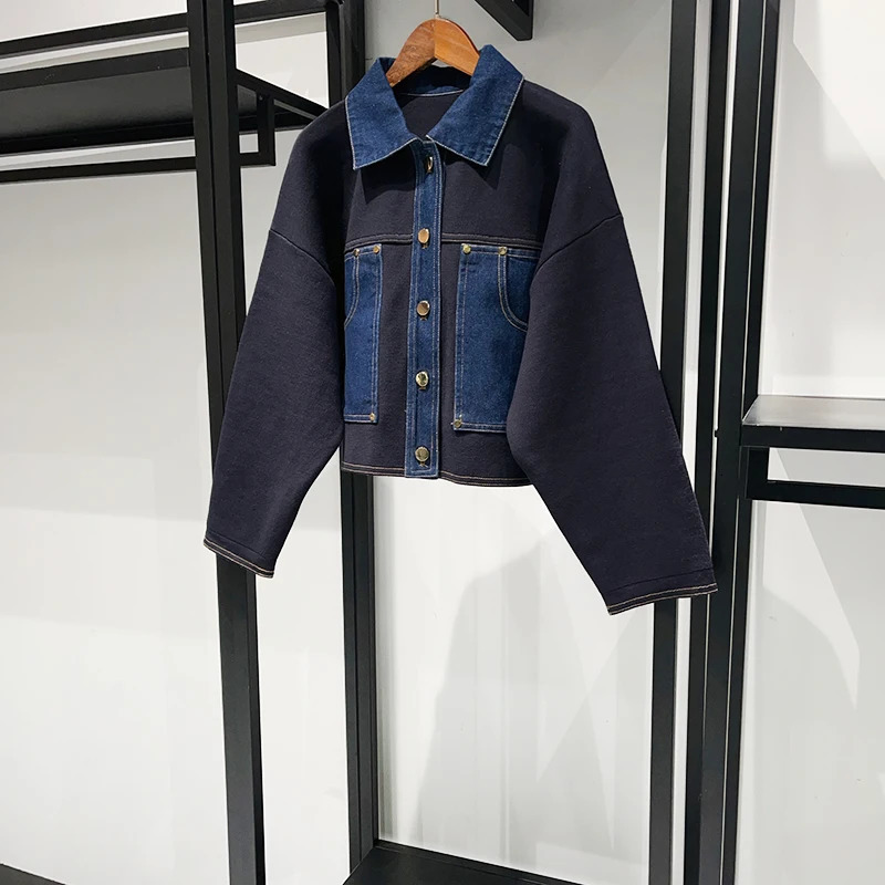 Metal Buttons Women Knit Cardigan Denim Splice Turndown Collar Long Sleeve Female Casual Sweater Coat 251029