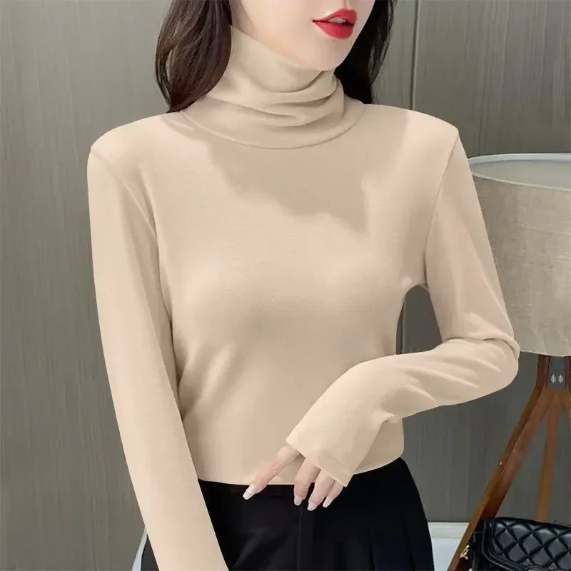 Women Thermal Underwear Winter Thicken Turtleneck Bottom Shirt De Velvet Warm Tops Semi High Collar Neck Long Sleeve Pullovers 251030