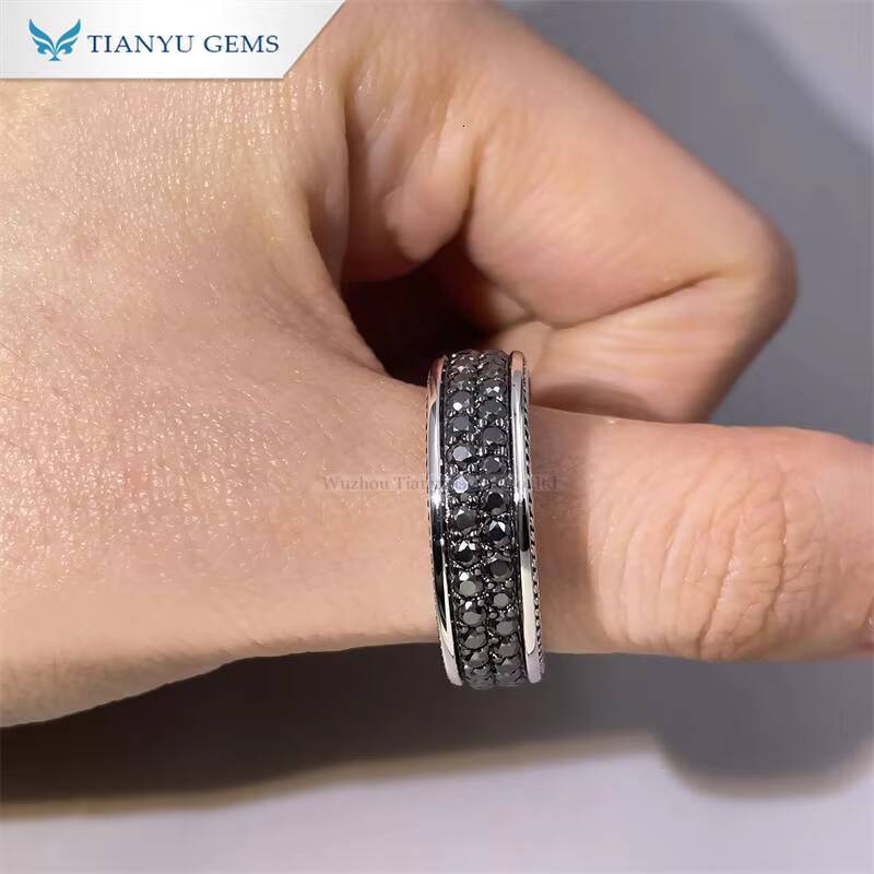 Tianyu Gems 2mm Round Cut Black Moissanite 2ctw Gemstone Men Ring 925 Sterling Silver Gold Plated Band Rings Custom Made for Men