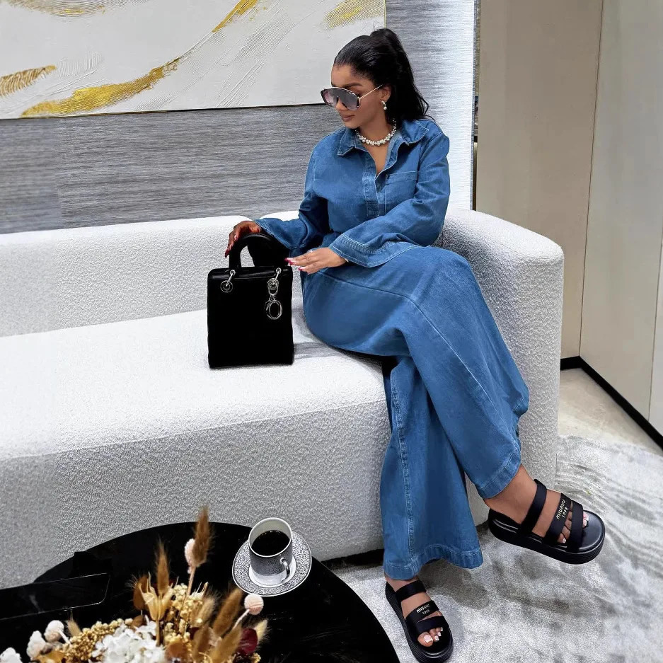 Denim Pant Set Women Two Piece Sets Matching Sets Streetwear Casual Loose Shirt Wide Leg Long Pants High Waist Y2k Mom Jeans 251029