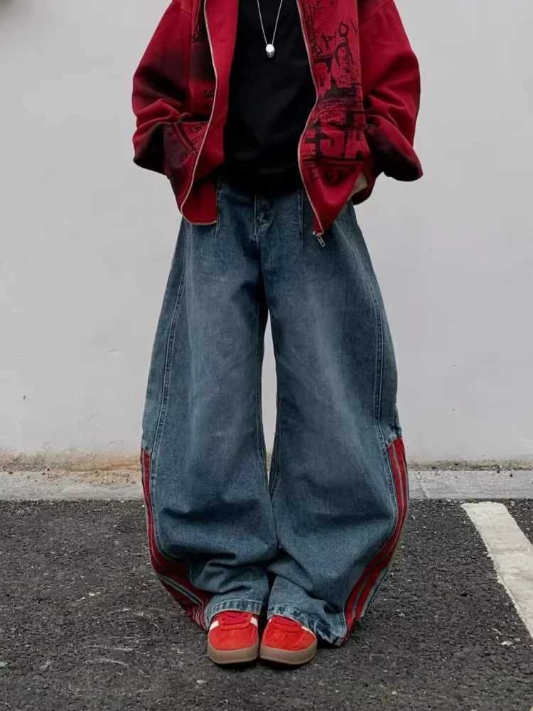 Trashy Y2K 2000S Red Striped Patchwork Washed Blue Baggy Jeans Pants For Men Clothing Wide Leg Korean Casual Lady Denim Trousers J251030