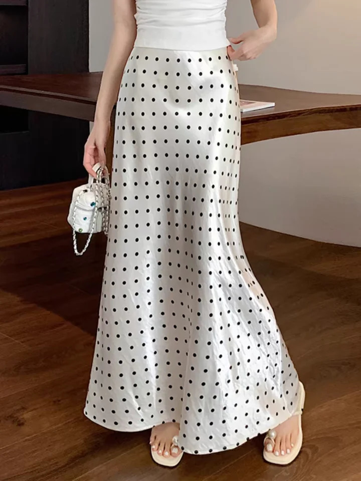 Women Polka Dot Acetate Satin Mermaid Maxi Skirt HighWaisted Slimming Fishtail Hem with Draped Elegance for Spring Autumn 251028