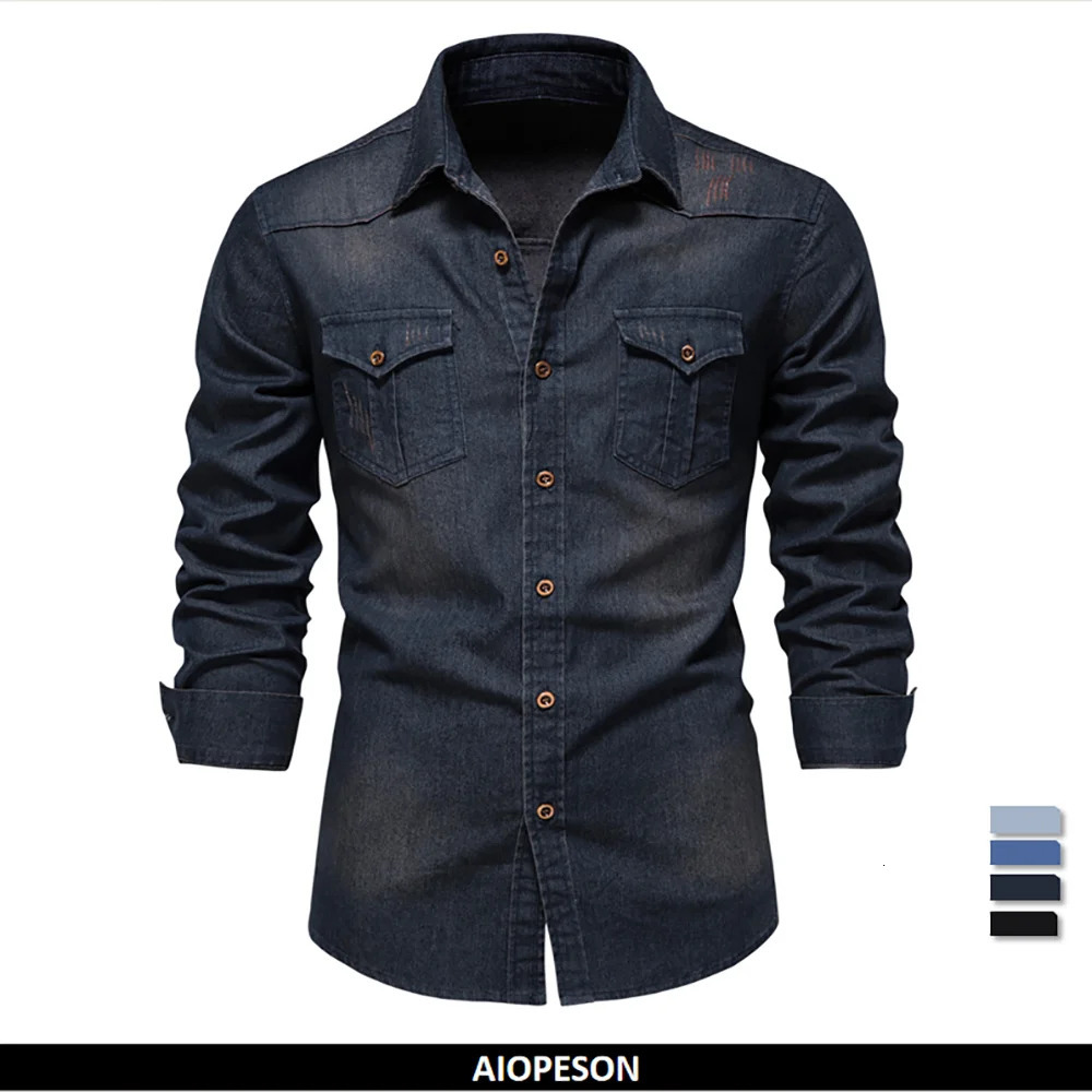 AIOPESON Elastic Cotton Denim Shirt Men Long Sleeve Quality Cowboy Shirts for Casual Slim Fit Jeans 251029