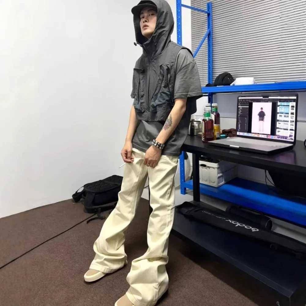 High Street Ro Style Dark Denim Pants Mens High Elasticity Floor Mopping Beige Brushed Horn Jeans Slim and Wide Leg Pants J251030