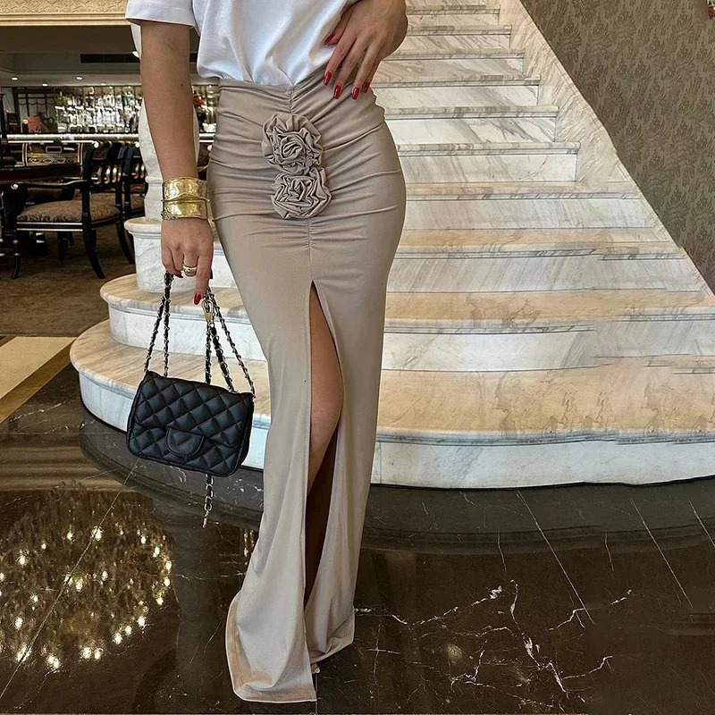 Summer Fashion Women Skirt Streetwear Solid Skirts Appliques Sexy Split Slim Elegant Female Party Straight High Waist Skirts 251028