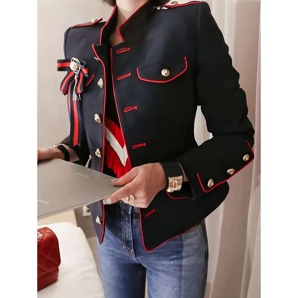 Elegant Women S Slim Fit Long Sleeve With Bowknot Detail Non Stretch Fabric Single Breasted Placket Stand Collar Solid Color Perfect For Spring Fall