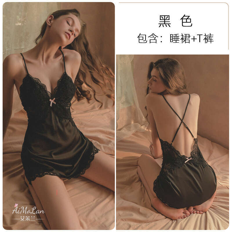 Meishilan Sexy for Women Summer Thin with Chest Pads Ice Silk Temptation Beautiful Back Private Lace Strap Nightdress 130