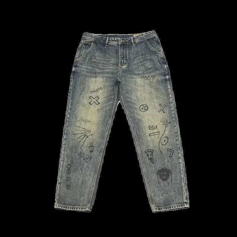 Spring and Autumn Retro Old Washed Grinded Printed Jeans Mens Loose Fit MicroConical Small Straight Trousers High Street Trend J251030