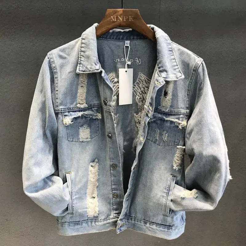 Vintage Distressed Denim Jacket Mens Angel Wings Embroidery Loose Fit Zip Cuff Ripped Elbow Korean Spring Fall Streetwear Coat 251016