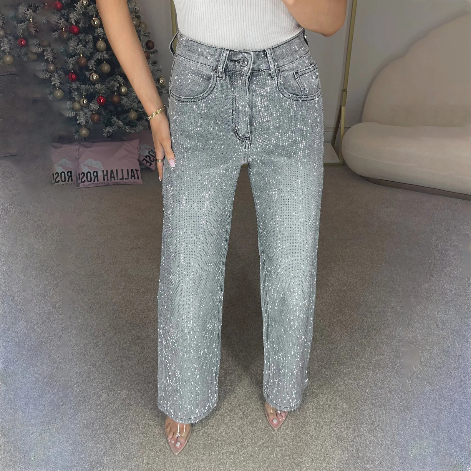 High Waist Rhinestone Jeans Women Straight Denim Pants Diamonds Vintage Ankle Length Loose Pockets Trousers Zipper Trousers 251029