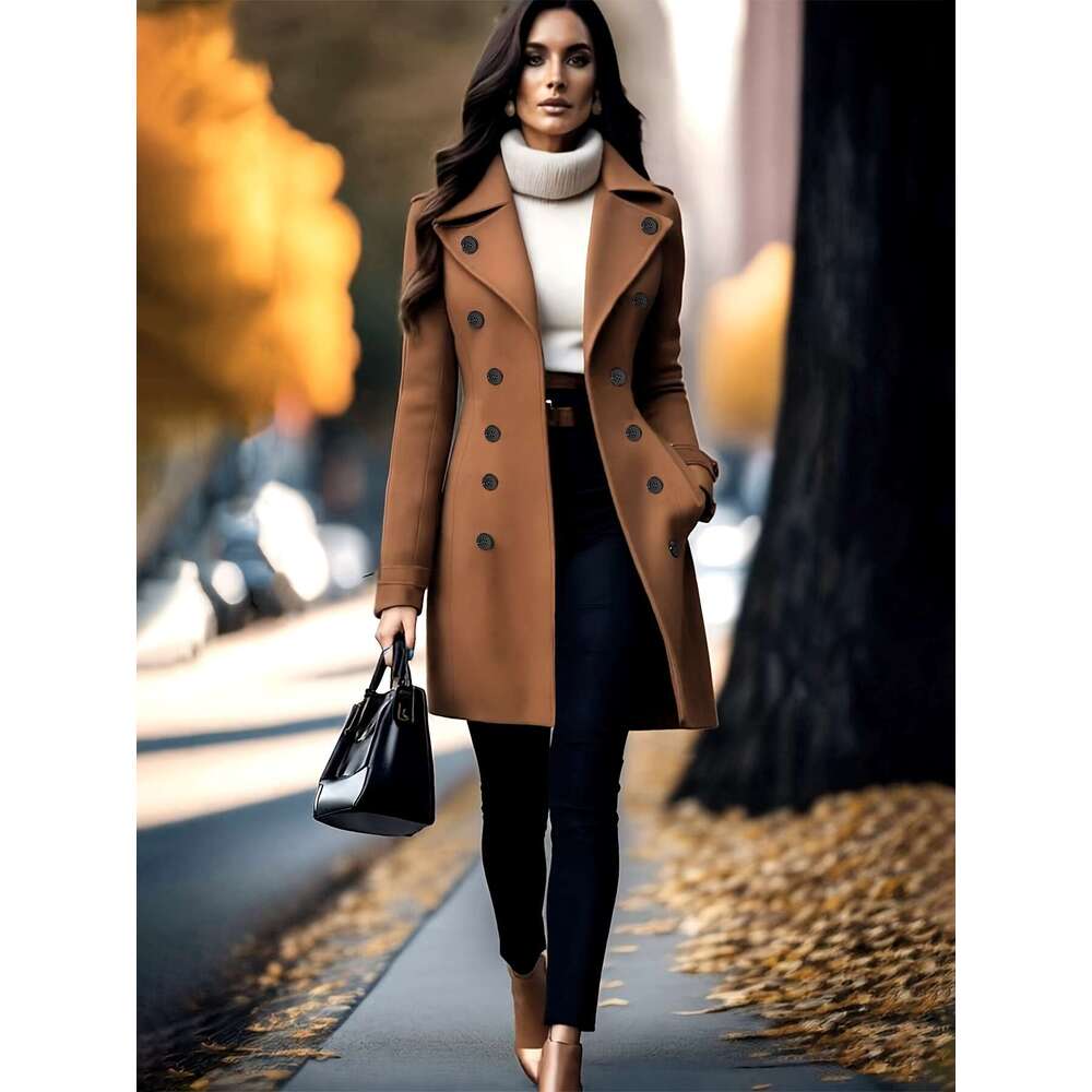Women S Elegant Thickened Tweed Coat Solid Color Regular Fit Long Sleeve Button Front With Flared Hem All Season Versatile Outerwear For Casual Formal
