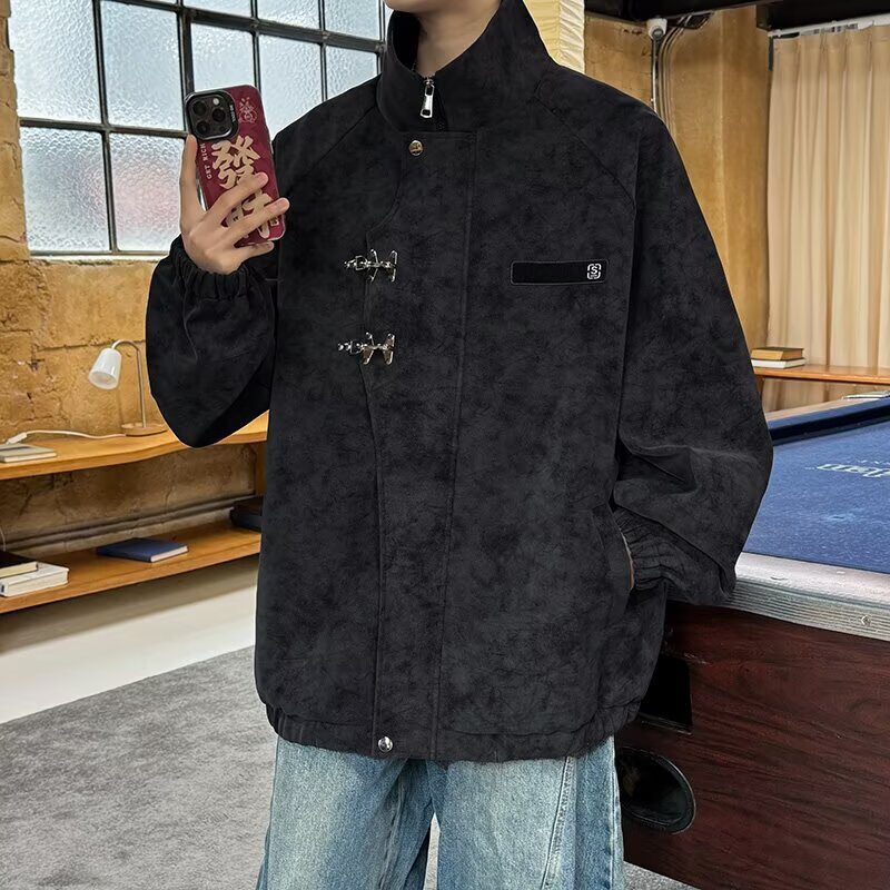 Tie-dye Gray New Chinese Style Leather Designer Jacket Jacket For Men Spring Coat Waterproof Windproof Stand Collar Buttoned Workwear Pilot Jacket