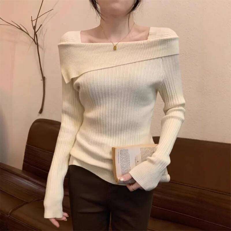 Solid Sexy Slim Off Shoulder Slash Neck Long Sleeve Knitting Sweater Women Jumpers Office Fashion New Designer Sweater Women Bear Sweater