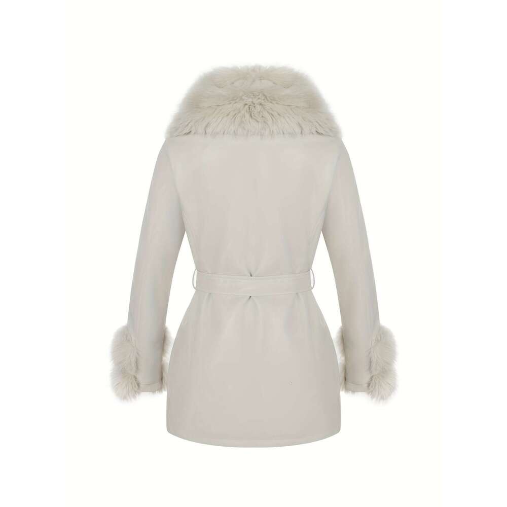 Elegant Jacket Elegant Women S Detachable Faux Fur Collar Belted Jacket Black Coat With Golden Tone Zipper Adjustable Waist Non Stretch Fabric For Fal