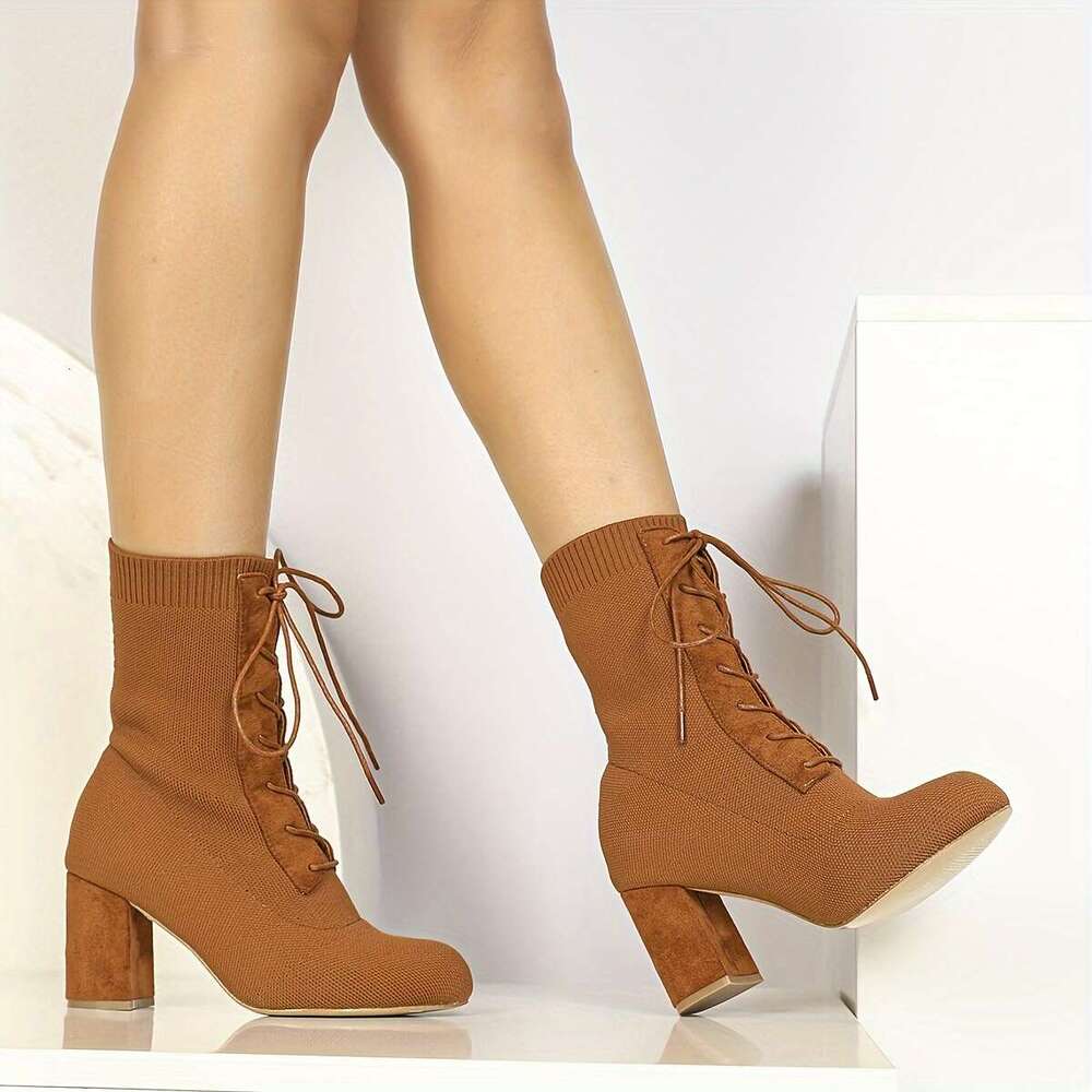 Women's High Heeled With Heels Fly Woven Uppers, Tied Straps, Thick Heels, Round Toe, Midsole Boots Are Fashionable And Suitable For Daily Wear