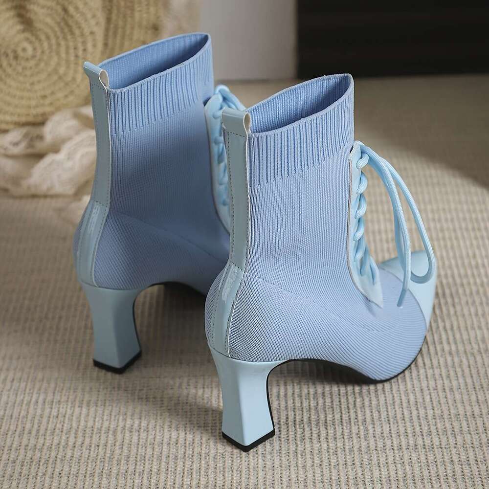 Women's Light Blue Pointed-Toe High-Heel Slip-On Chunky Heel Ankle Boots Elegant Fabric Upper With TPU Sole, Round Buckle Strap Low-Cut Design Fo