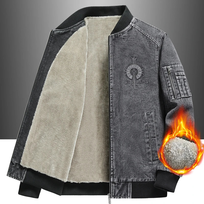 Retro Men Cargo Denim Jacket Autumn Winter Embroidered Plus Velvet Fashion Casual Male Coat Warm Trend Versatile Top Clothes 251023