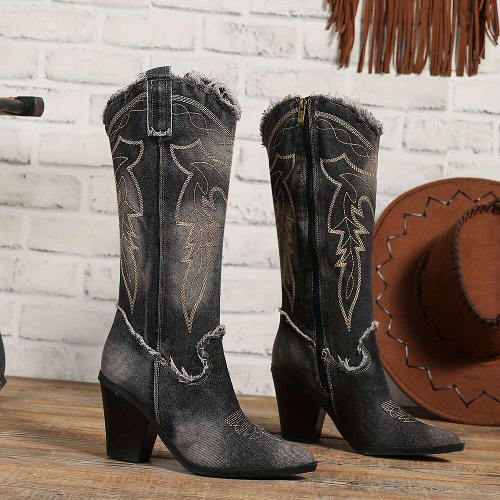 Women's -Like Blue/Black/ Golden-Tone Pointed Toe Chunky High Vintage Faux Cover-Like Texture Rubber Sole All-Season Knee-High For Country Wester