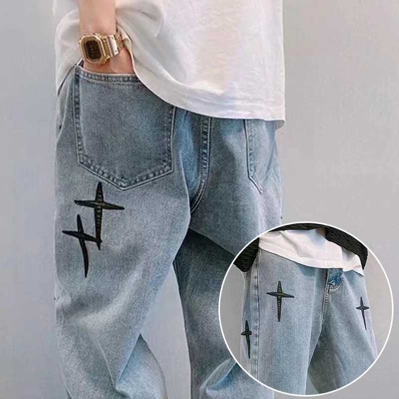 Mens Trendy Cool Style 2024 Blue Denim Pants Baggy Wide Leg Streetwear Trousers Cross Star Sticker Embroidery Design Jeans Male J251030