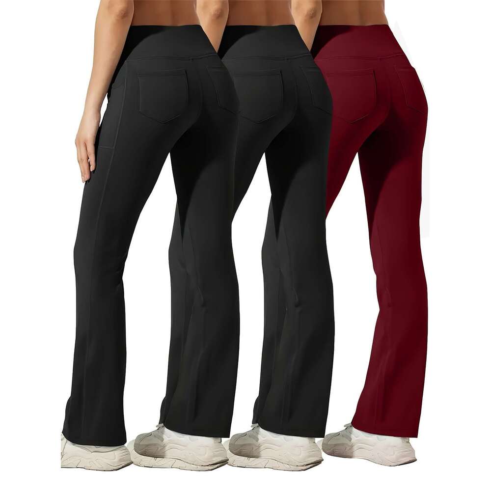 3pcs Women's Plus Size High-Waisted Booty Lift Flared Yoga Pants with Phone Pockets - Full-Length Trousers, Tummy Control Butt Lifting Design, Al
