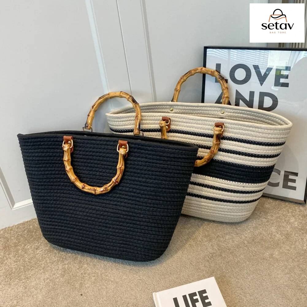 Luxury Handbag Cotton Woven Handbags Bamboo Handle Women Weaving Bag Large Capacity Striped Portable Casual Fashion Exquisite For Seaside Party Handba