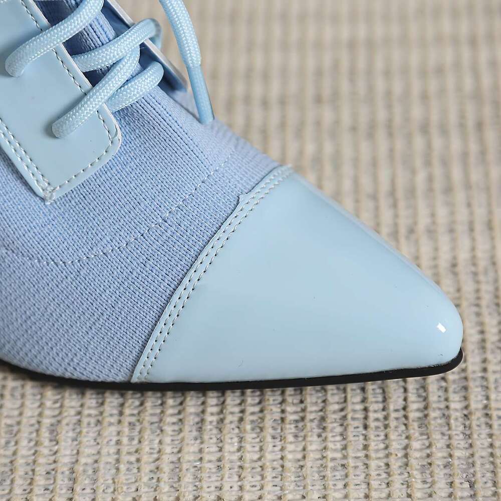 Women's Light Blue Pointed-Toe High-Heel Slip-On Chunky Heel Ankle Boots Elegant Fabric Upper With TPU Sole, Round Buckle Strap Low-Cut Design Fo