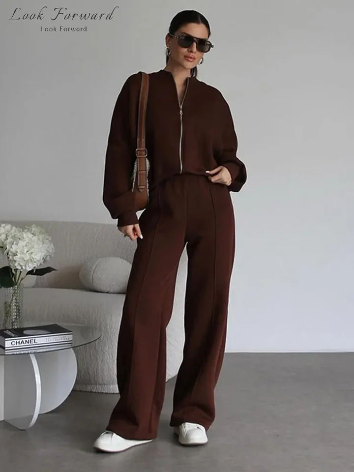 Casual Sweatshirt Pants Set Women Spring Autumn Zippers Oneck Jacket Loose Laceup Elastic Waist Trousers Suits Lady Solid 251029