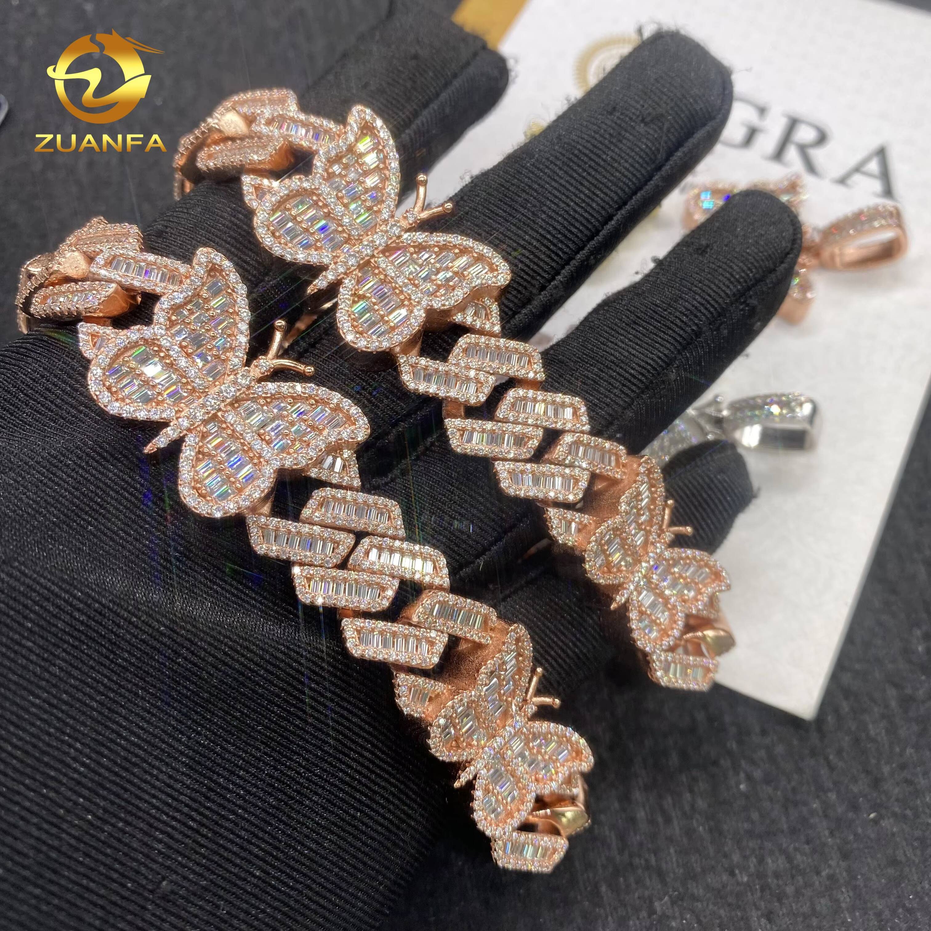 VVS D Moissanite Hip Hop Moissanite Custom Iced Out Rose Gold Bracelet 925 Silver Jewelry Diamond Butterfly Charm Pendant