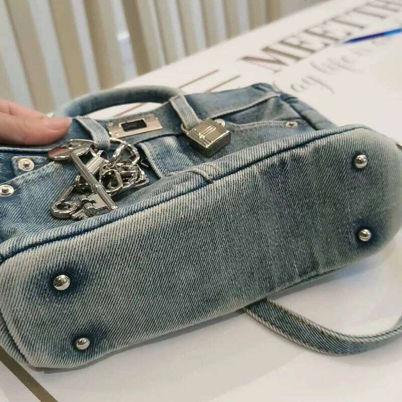 Denim Bags For Women Designer Handbags Purses 2025 New In Vintage Washing Process Sequined Lock Top Handle Cloth Shoulder